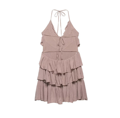 Women Clothing Summer Lace up Backless V neck Laminated Ruffled Dress