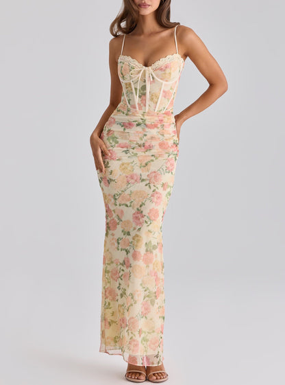Women Clothing Summer Exquisite Charming Peach Color Boning Corset Waist Maxi Dress