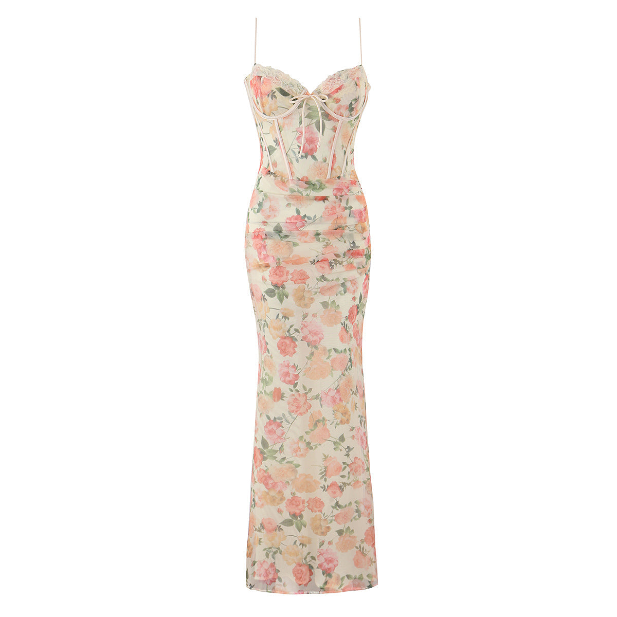Women Clothing Summer Exquisite Charming Peach Color Boning Corset Waist Maxi Dress