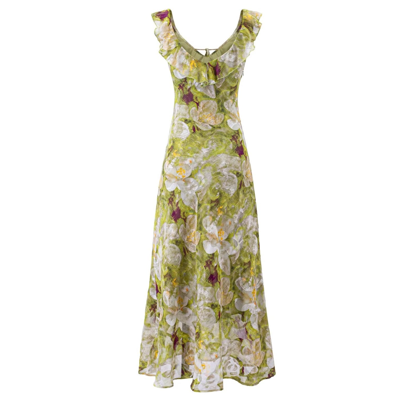 Summer Vintage Fresh Romantic Seaside Vacation Flounced Hem Floral Maxi Dress Slim Fit Dress