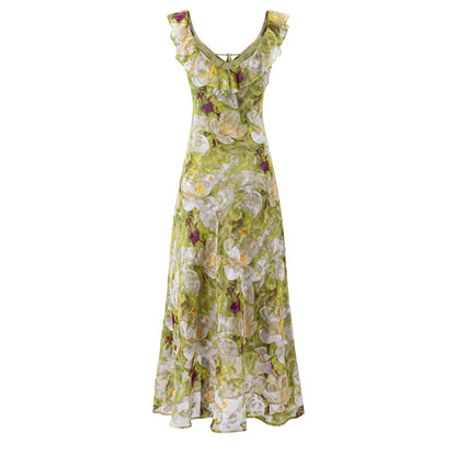 Summer Vintage Fresh Romantic Seaside Vacation Flounced Hem Floral Maxi Dress Slim Fit Dress
