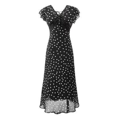 Summer Atmosphere Lace Stitching Vacation Floral Dress Flying Sleeves Slim Dress