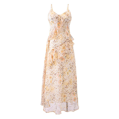 Summer Gentle Ruffled Design Niche Leopard Print Maxi Dress Slim Fit Strap Dress