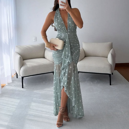 Women Clothing Spring Summer Slim Dress Halterneck Printed Lace up