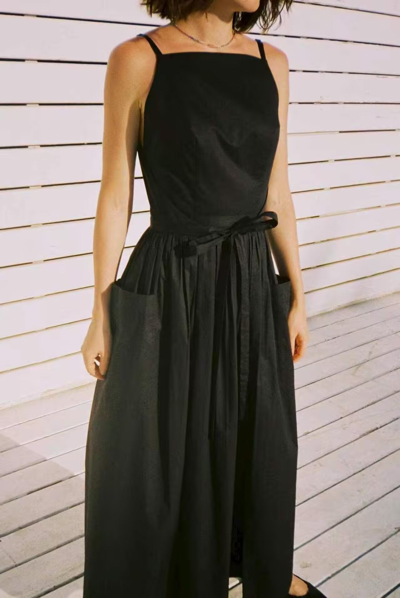 Women Tube Top Solid Color Lace up Dress Personality Cute Pocket Decoration Cami Dress