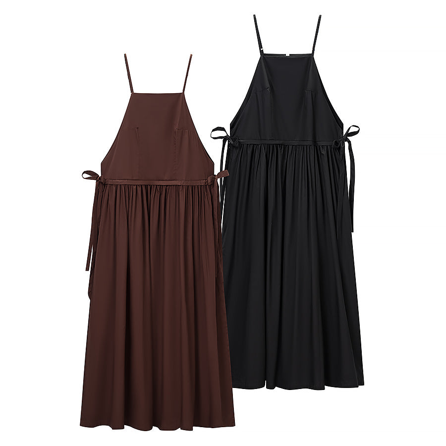 Women Tube Top Solid Color Lace up Dress Personality Cute Pocket Decoration Cami Dress