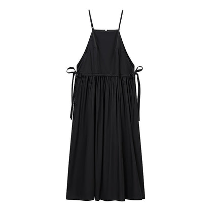 Women Tube Top Solid Color Lace up Dress Personality Cute Pocket Decoration Cami Dress