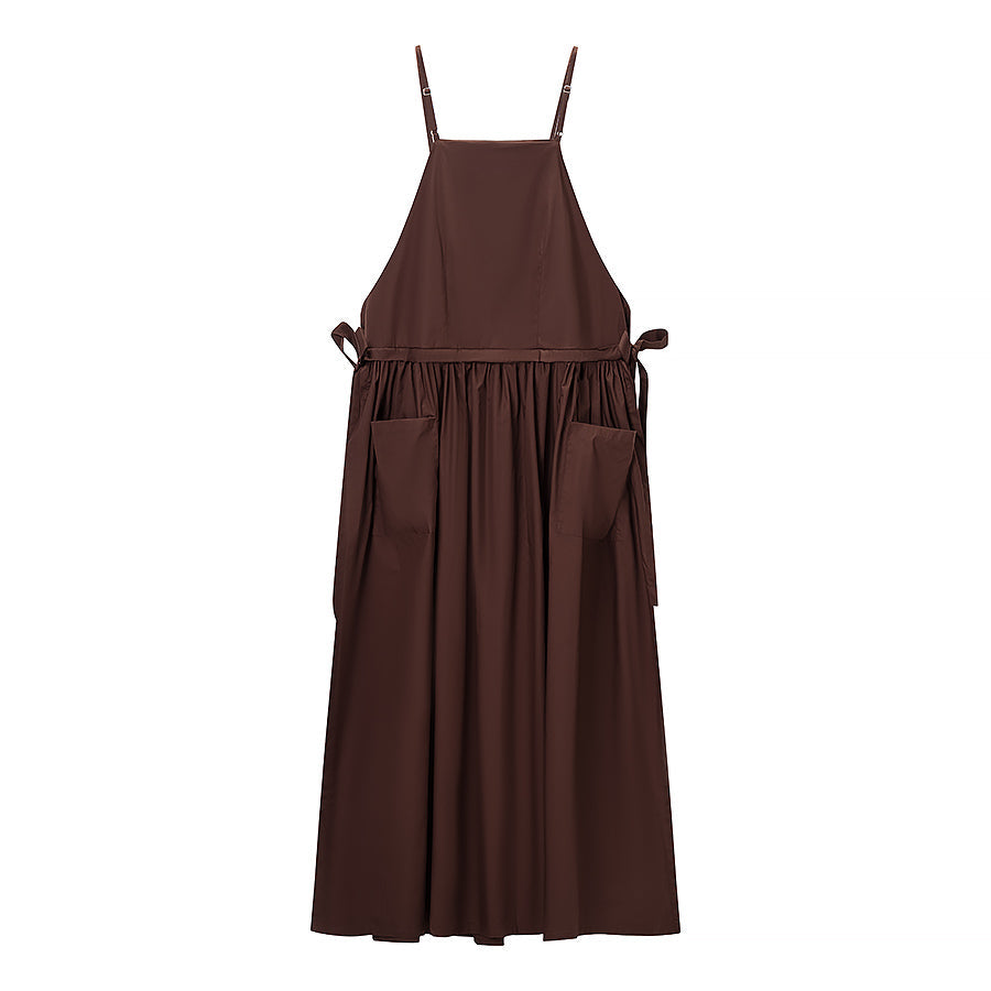 Women Tube Top Solid Color Lace up Dress Personality Cute Pocket Decoration Cami Dress