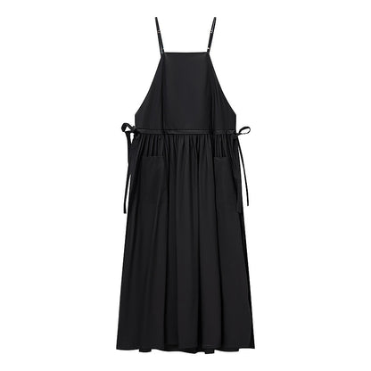 Women Tube Top Solid Color Lace up Dress Personality Cute Pocket Decoration Cami Dress