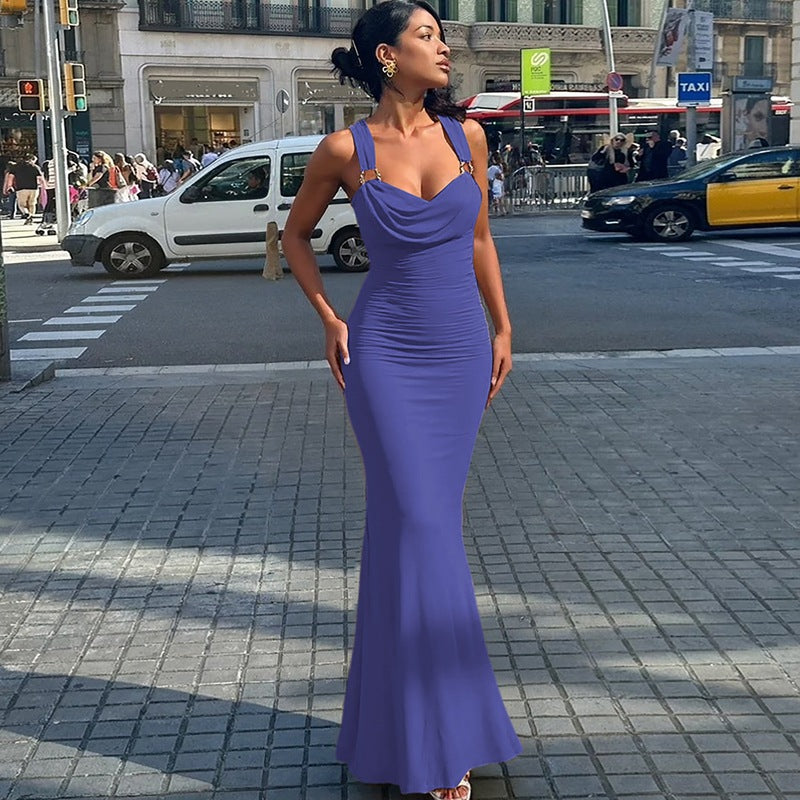 Women Clothing Summer Sexy Backless Pleated Slim Fit Lace up Dress Women