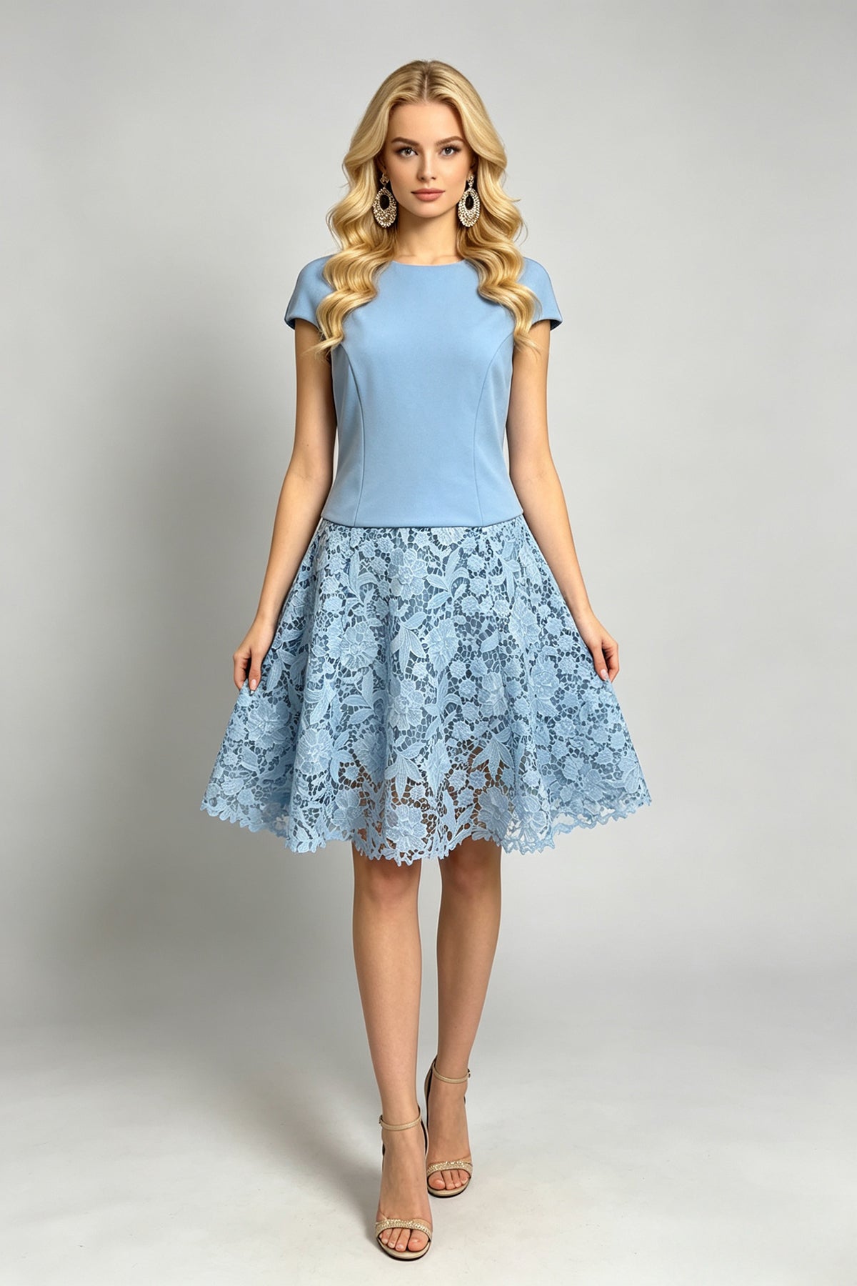 Women Summer Round Neck High Waisted Lace Embroidered Three Piece Dress With A Waistline And A Shaped Dress