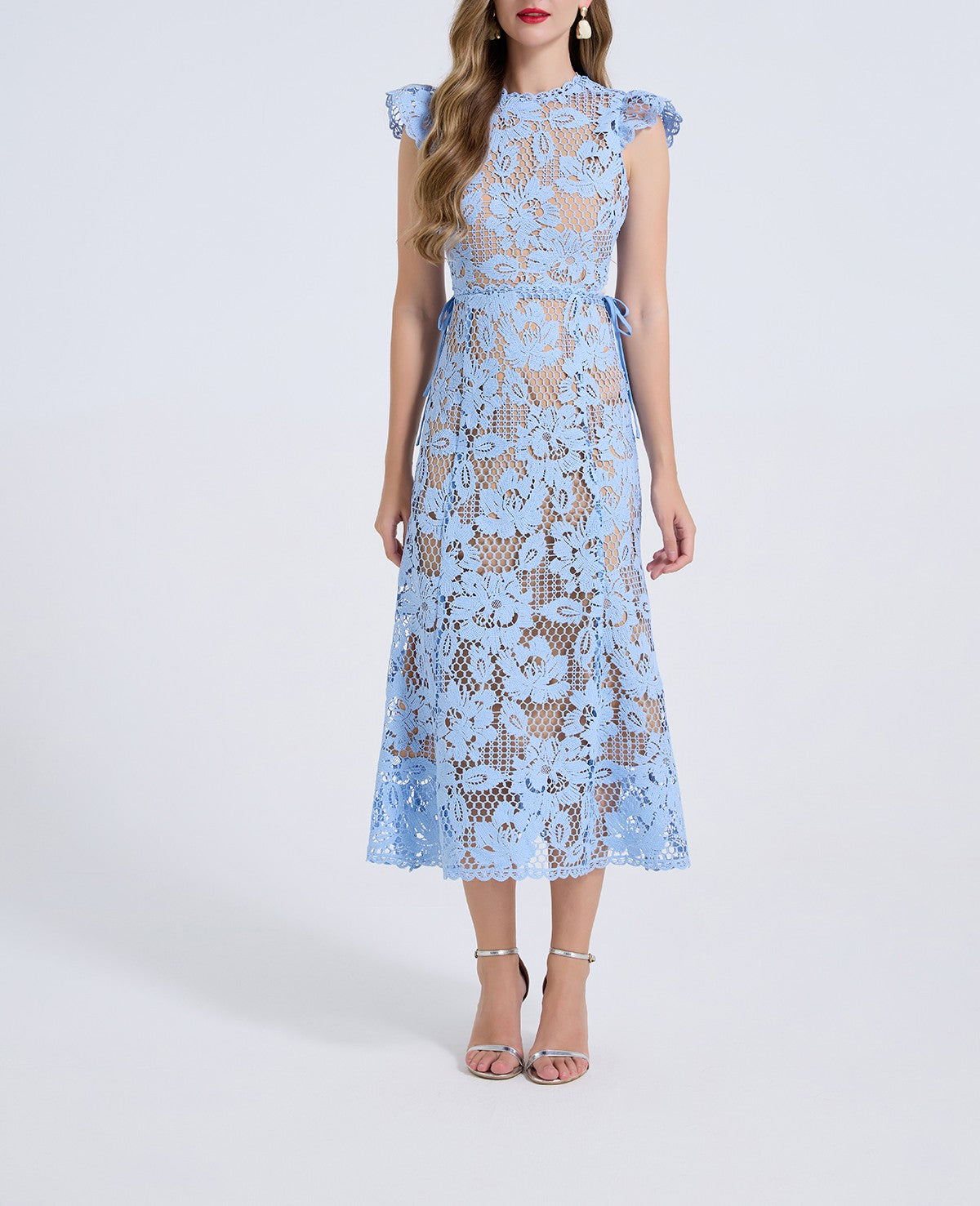 Women Water Soluble Lace Round Necked Floral Print Flared Sleeve Open Back High Waisted Dress Figure Hugging Dress