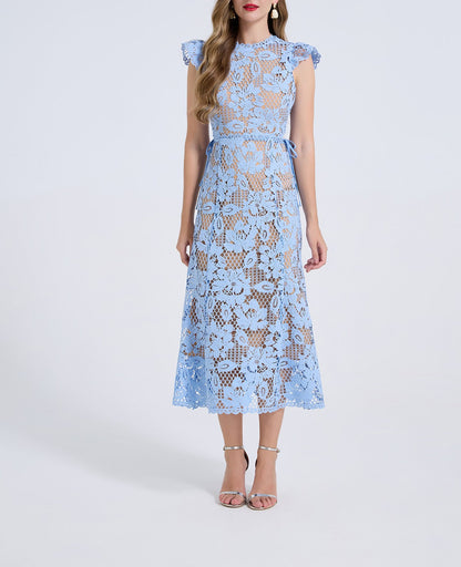 Women Water Soluble Lace Round Necked Floral Print Flared Sleeve Open Back High Waisted Dress Figure Hugging Dress