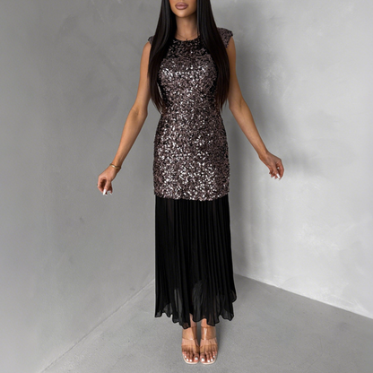 Sexy Sleeveless round Neck Velvet Sequin Chiffon Patchwork Dress Maxi Dress Party Dress