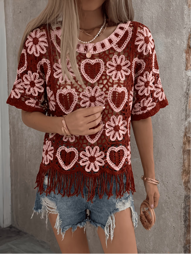 Women Summer Hook Patterned Open Work Round Neck Pullover Fringed Knitted Sweater