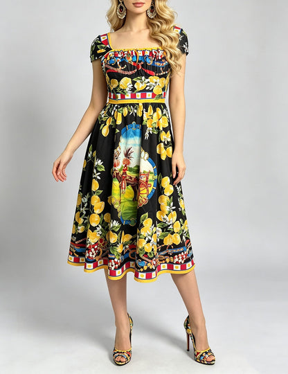 Women Oil Painted Floral High Waisted Pleated Halter Bodycon Dress With Square Neckline And Flared A Line Dress