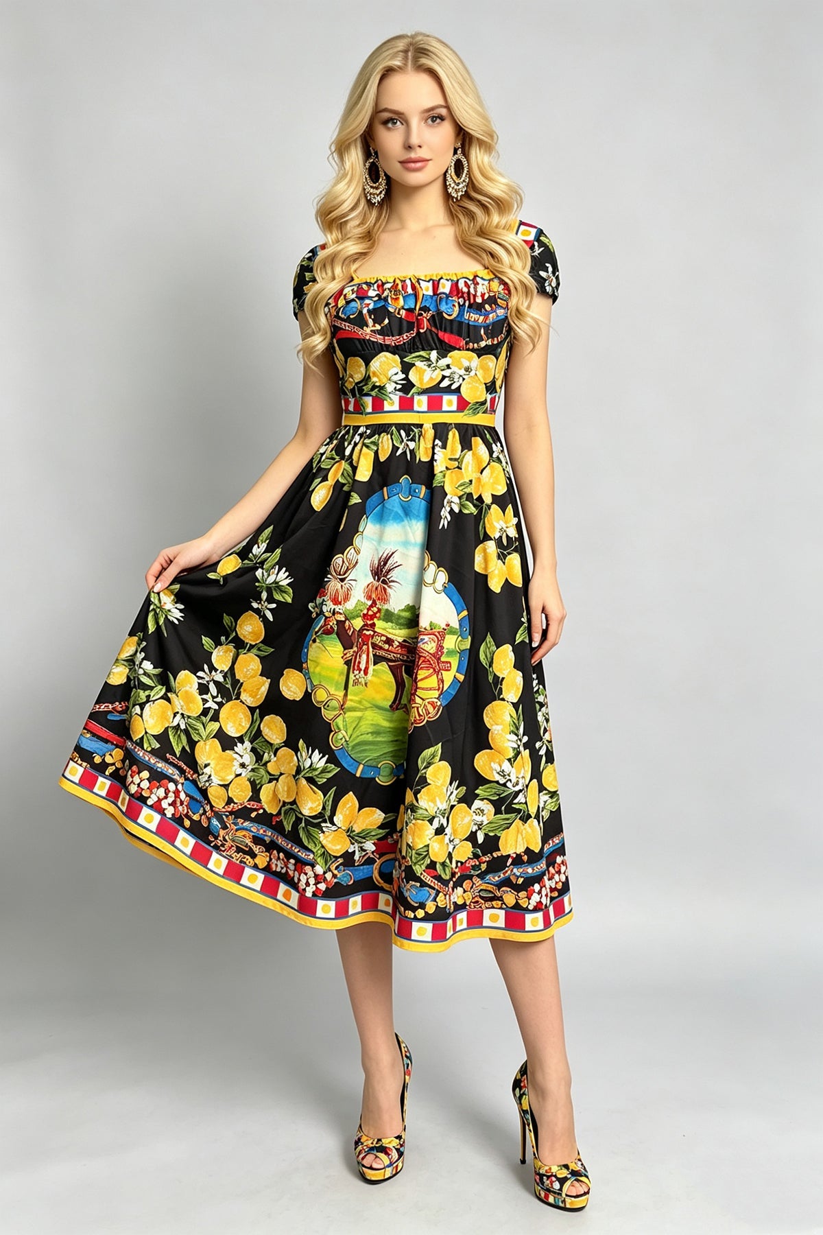 Women Oil Painted Floral High Waisted Pleated Halter Bodycon Dress With Square Neckline And Flared A Line Dress