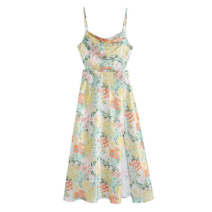 Women Clothing Printed Vacation Maxi Dress Sexy French Backless Strap Dress