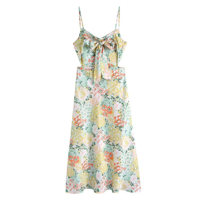 Women Clothing Printed Vacation Maxi Dress Sexy French Backless Strap Dress