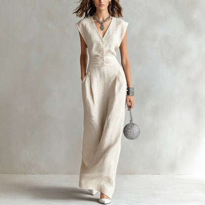 Women's Structured Sleeveless V-Neck Single-Breasted Vest & Wide-Leg Pleated Trousers Set