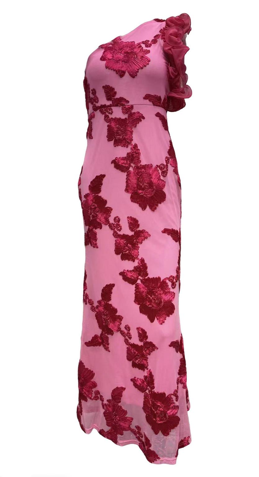 Suspenders Sheath Sexy Three Dimensional Plate Floral Dress Diagonal Collar Summer