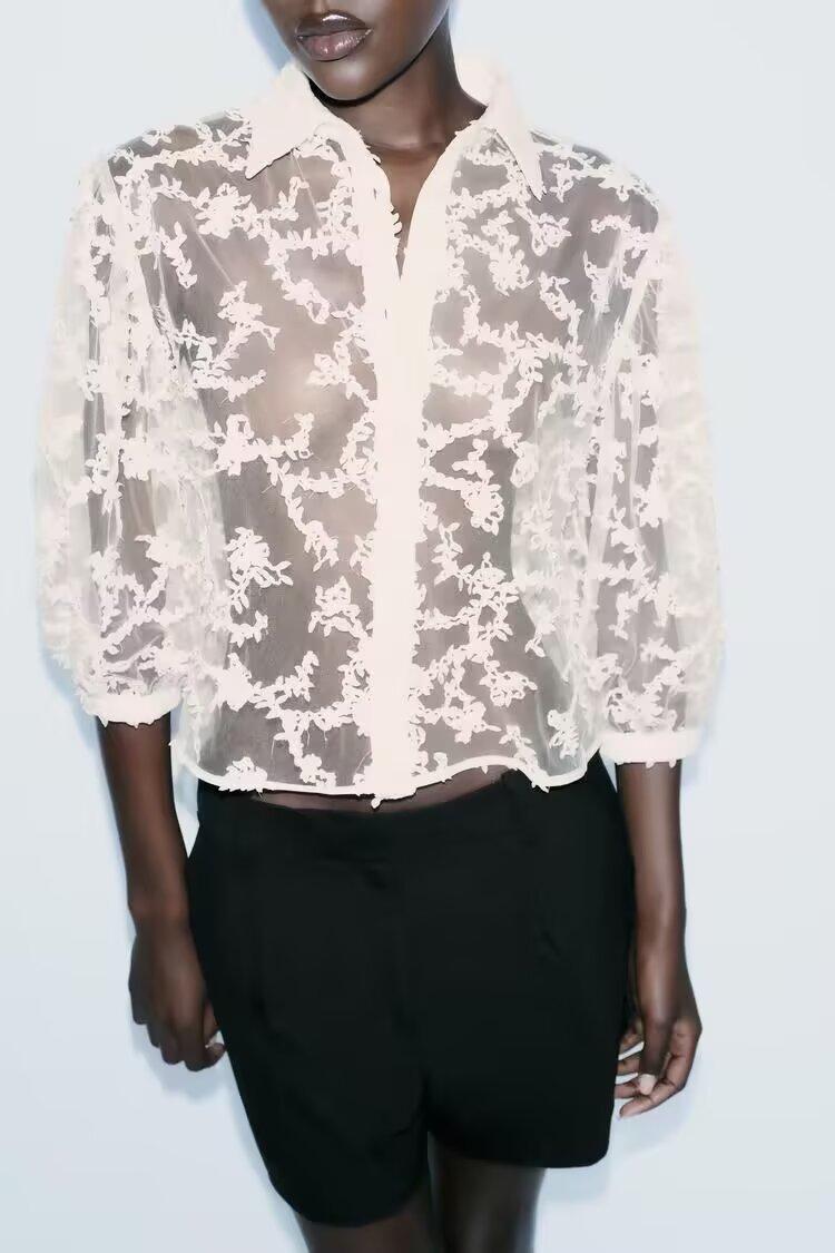 Women Clothing Summer Mesh Loose Slimming See through Puff Sleeve Shirt