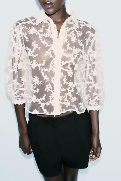 Women Clothing Summer Mesh Loose Slimming See through Puff Sleeve Shirt