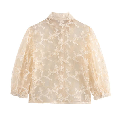 Women Clothing Summer Mesh Loose Slimming See through Puff Sleeve Shirt