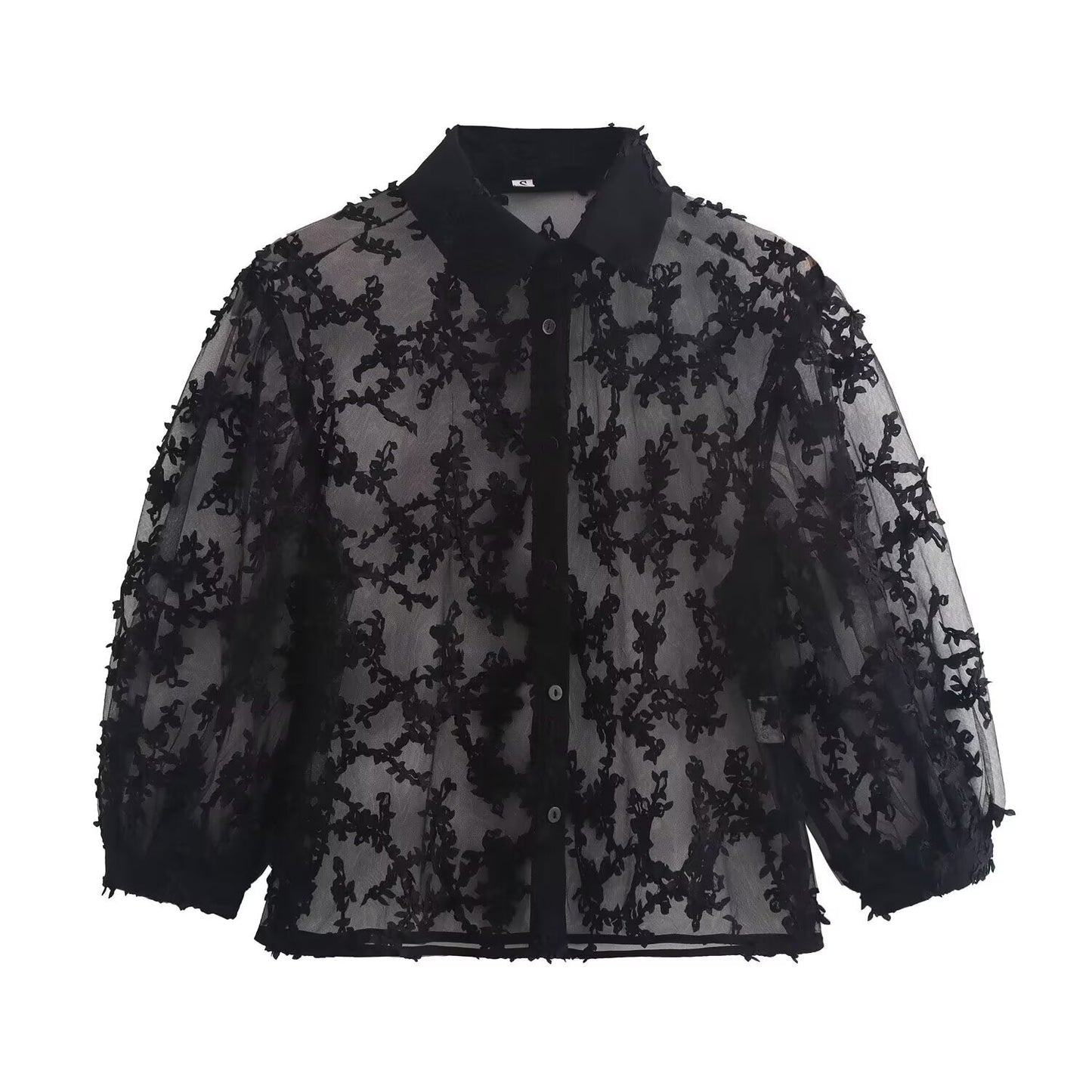 Women Clothing Summer Mesh Loose Slimming See through Puff Sleeve Shirt