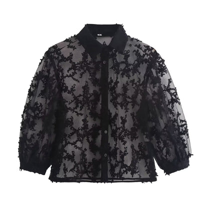 Women Clothing Summer Mesh Loose Slimming See through Puff Sleeve Shirt