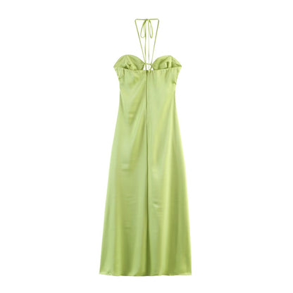 Women Clothing Fashionable Elegant Slim Silk Satin Texture Midi Dress