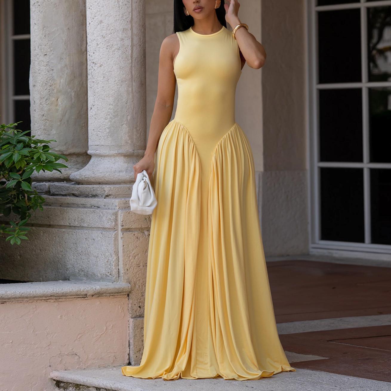 Women Wear Elegant Solid Color round Neck Sleeveless Dress