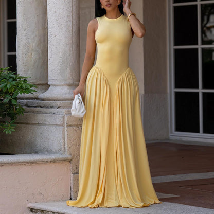 Women Wear Elegant Solid Color round Neck Sleeveless Dress