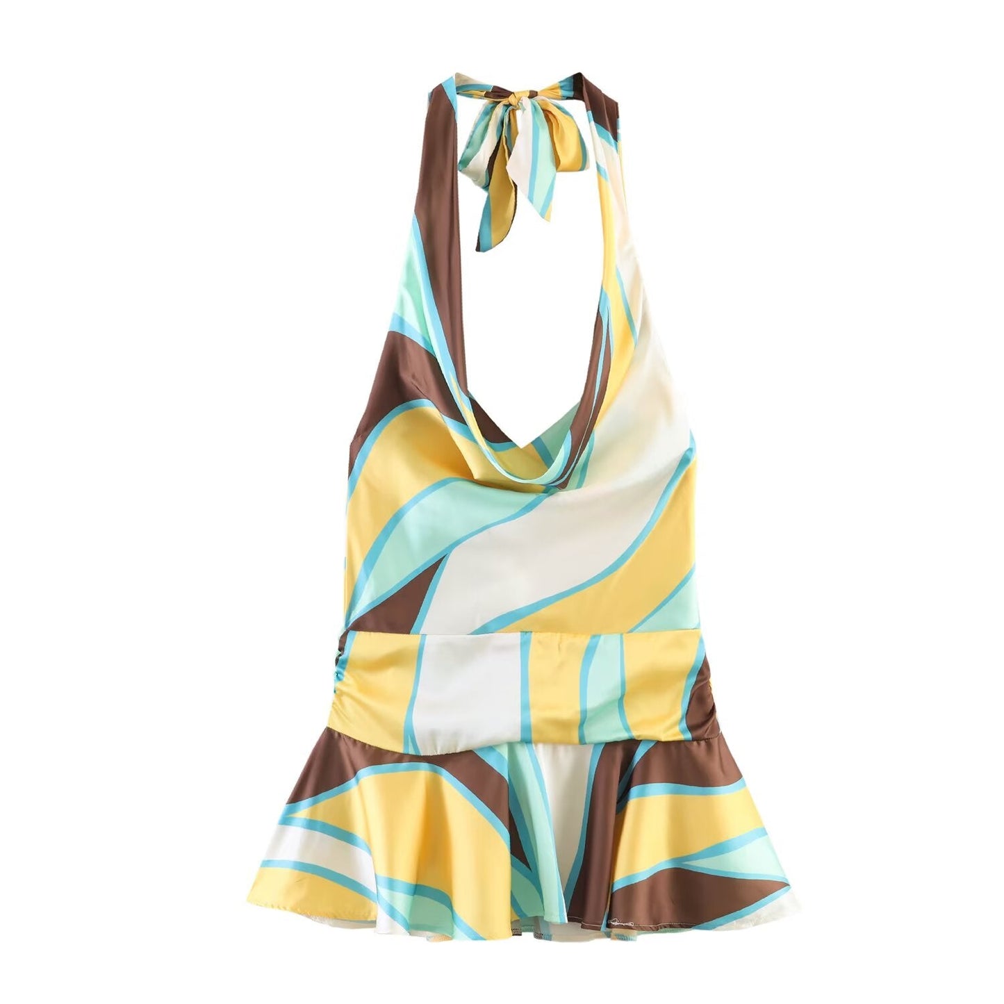 Women Clothing Slim Print Pleated Hanging Collar Dress