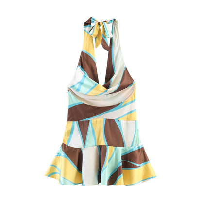Women Clothing Slim Print Pleated Hanging Collar Dress