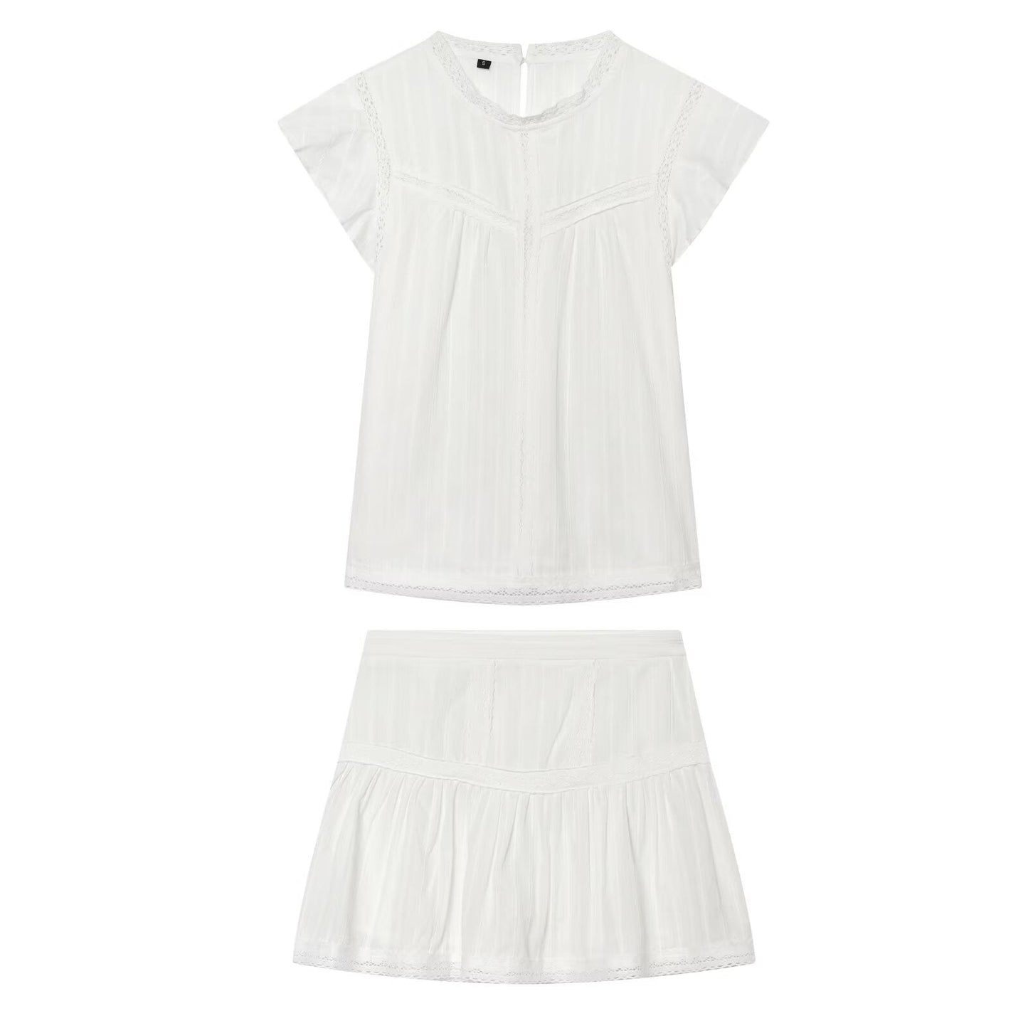 Women Clothing Sexy Romantic Vertical Lace Sleeveless Shirt Lace Skirt Two Piece Set