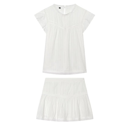 Women Clothing Sexy Romantic Vertical Lace Sleeveless Shirt Lace Skirt Two Piece Set