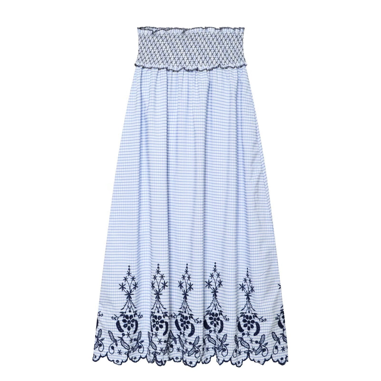 Women Clothing Summer Fashionable Lace Embroidered Plaid Midi Skirt