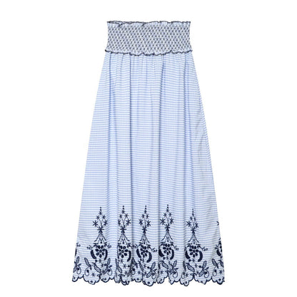 Women Clothing Summer Fashionable Lace Embroidered Plaid Midi Skirt