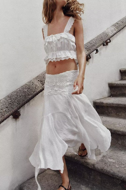 Hollow Out Cutout Embroidered Short Top Embroidery Asymmetric Midi Skirt Sets