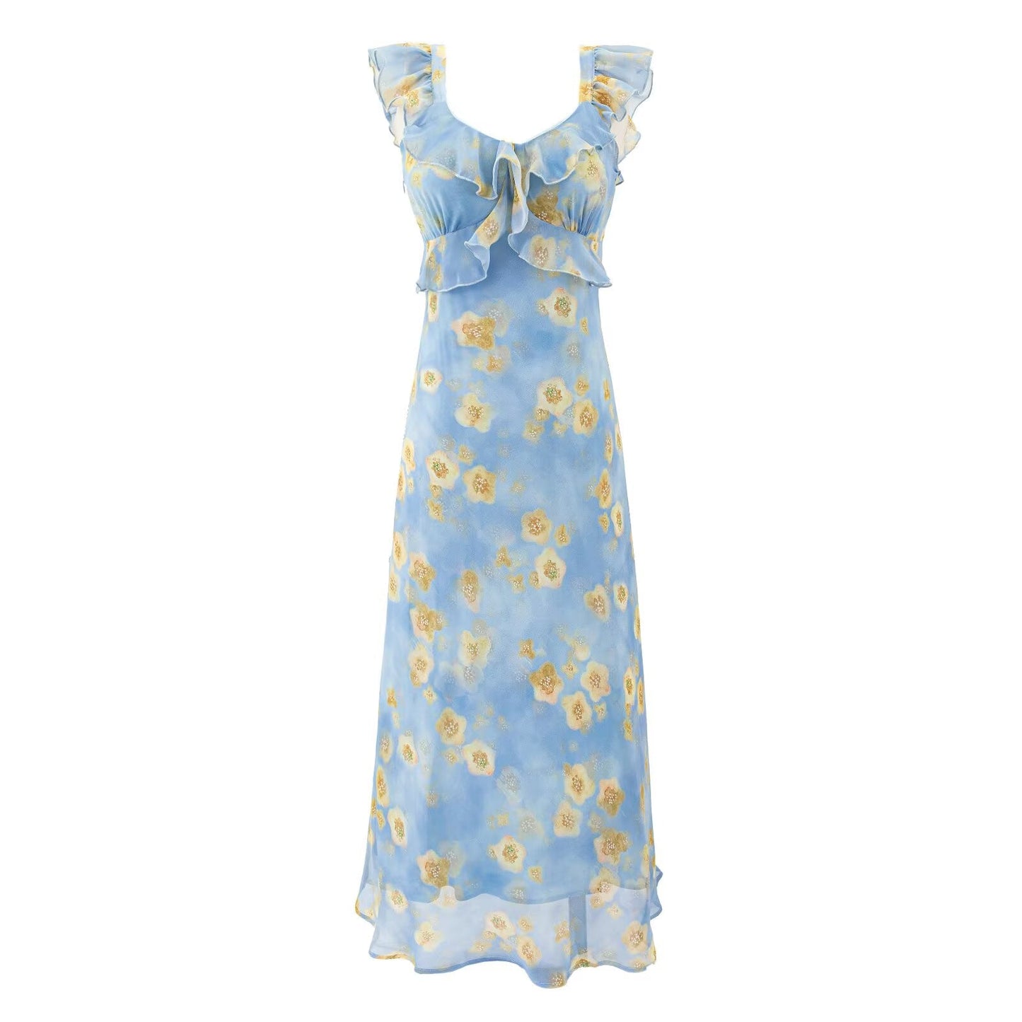 Women Clothing Summer High Waist Ruffled Dress Printed Sexy Vacation