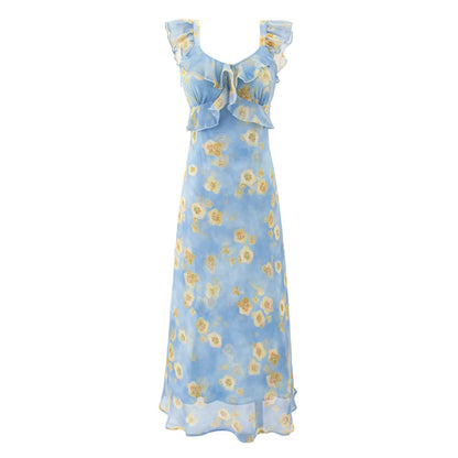 Women Clothing Summer High Waist Ruffled Dress Printed Sexy Vacation