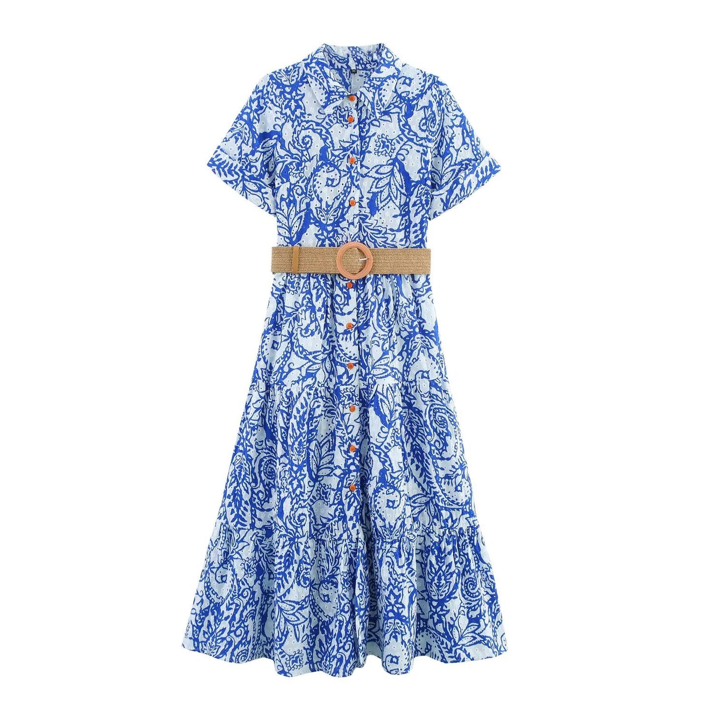Women Clothing Summer Office with Belt Embroidery Dress