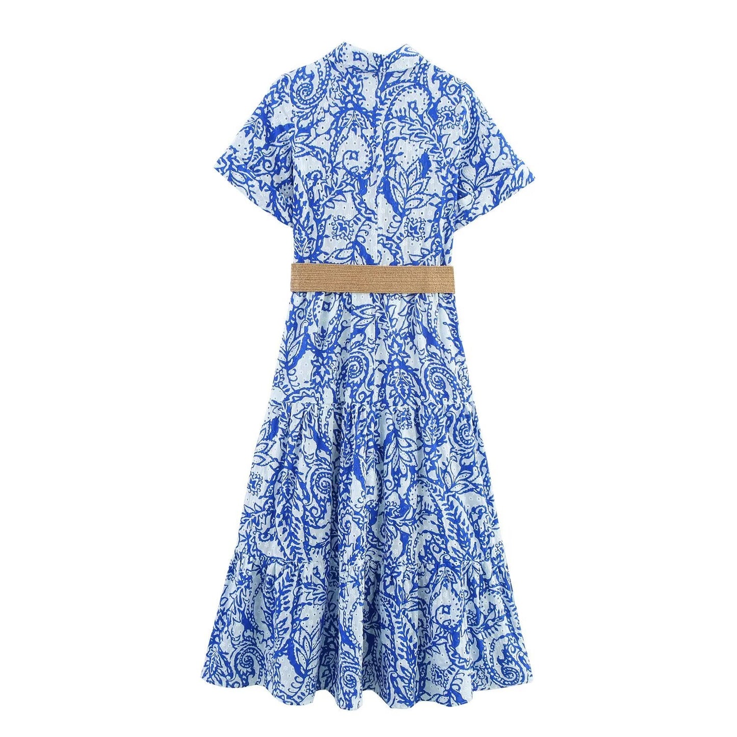 Women Clothing Summer Office with Belt Embroidery Dress