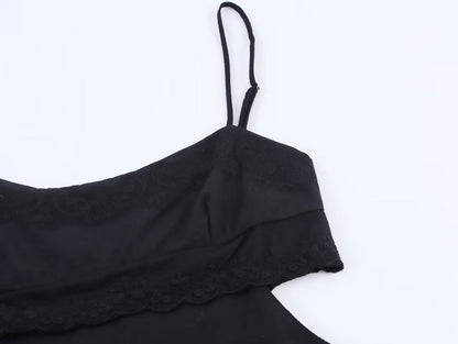 Elegant Black Slim Fit Slimming Lace Stitching Side Waist Split Sling Dress