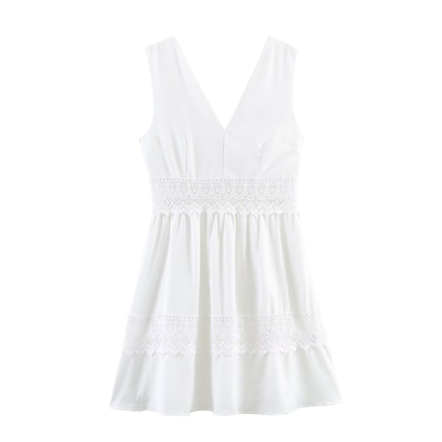 Women Clothing Summer Slim Waist Lace Short Stitching Dress