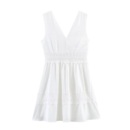 Women Clothing Summer Slim Waist Lace Short Stitching Dress