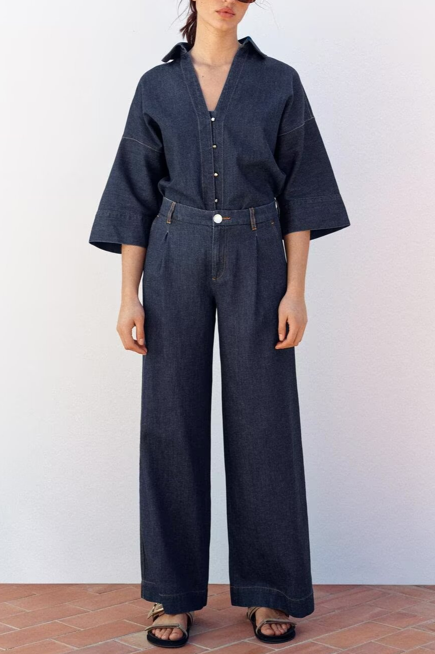 Summer Casual Women Collared Wide Sleeve Loose Denim Shirt Top High Waist Wide Leg Set