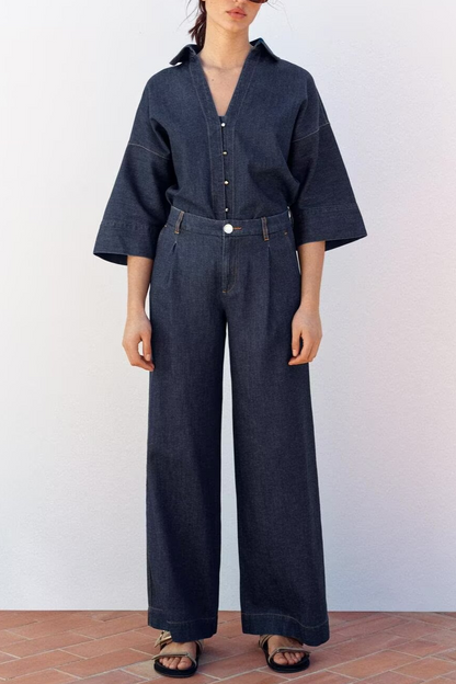 Summer Casual Women Collared Wide Sleeve Loose Denim Shirt Top High Waist Wide Leg Set