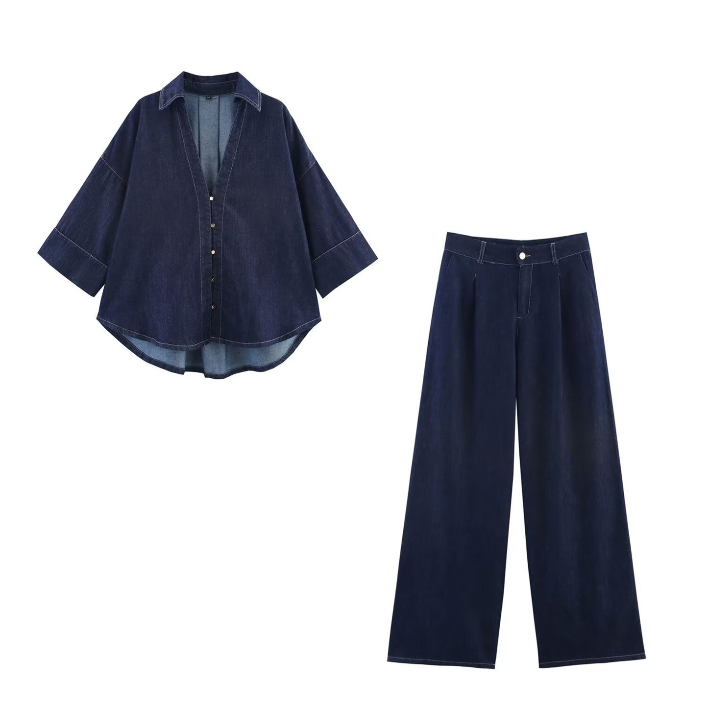 Summer Casual Women Collared Wide Sleeve Loose Denim Shirt Top High Waist Wide Leg Set